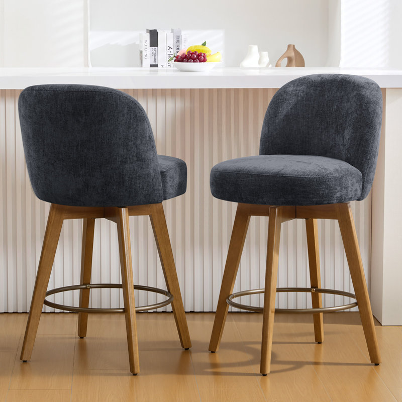 26" Swivel Upholstered Counter Stool With Solid Wood Frame And Mid Back, Bluish Gray/Chenille