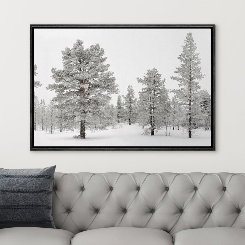 Givré hiver pin forêt sereine neige nature paysage Decor Illustration Art moderne photo, Cadre flottant noir