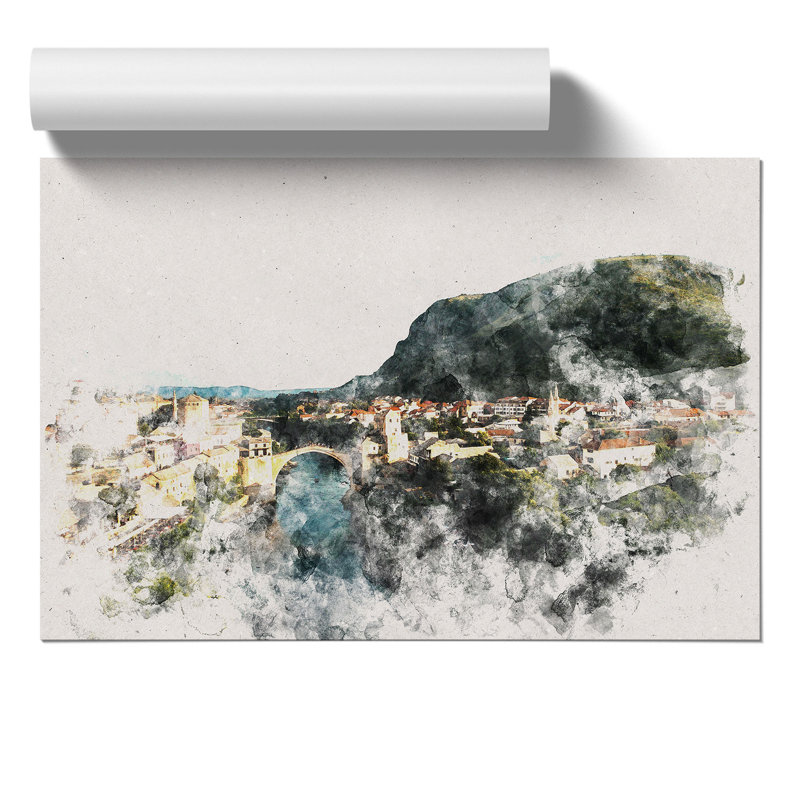Skyline of Mostar Watercolour - Frameless Print, 21cm H x 30cm W x 0.1cm D