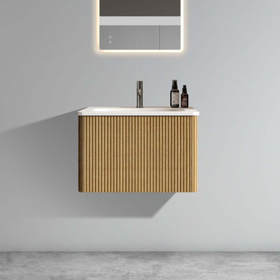 Meuble-lavabo rayé en chêne naturel 24 po avec lavabo en céramique blanc, meuble-lavabo mural flottant pour salle de bain moderne, pré-assemblé