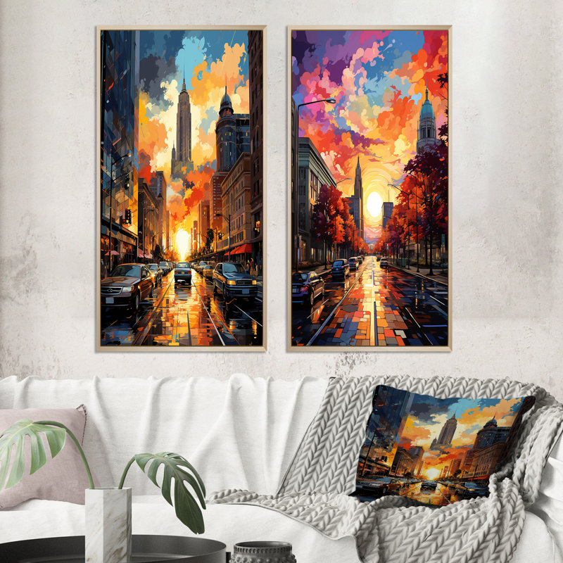 «City Detroit Popart», 2 pièces sur toile, Encadrement brun, H 20 po x l 24 po