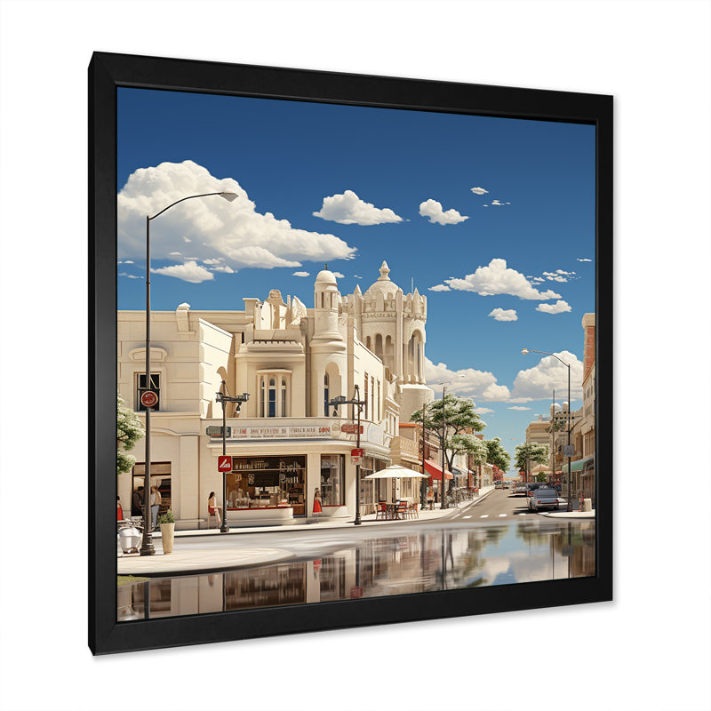 Paysage urbain rétro crémeux aux États-Unis sur toile, Cadre simple noir, H 16 po x l 16 po x P 1 po