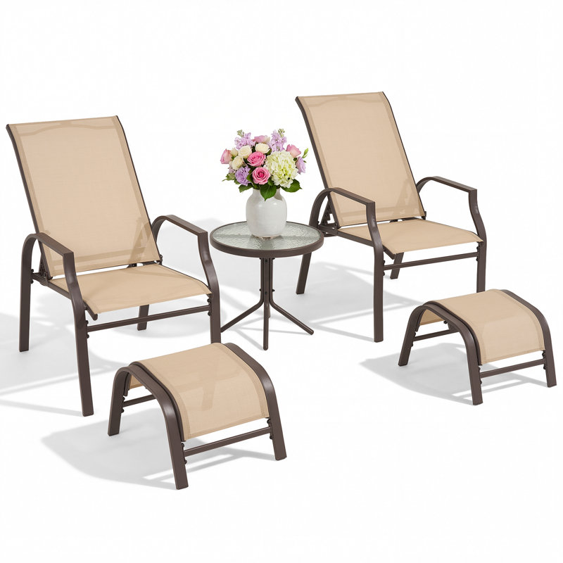Aldos 5-Piece All Weather Outdoor Adjustable High Backrest Chaise Lounge Patio Furniture Set with Ottoman, 20" W Seat Width