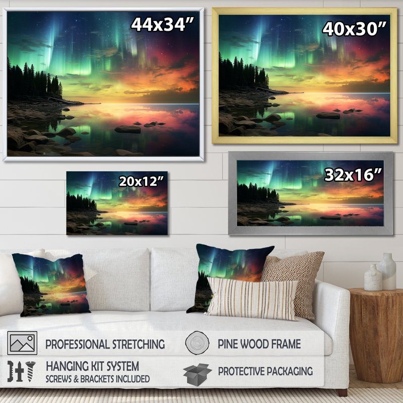 «Magical Lake Landscape Aurora Borealis», reproduction sur toile, H 16 po x l 32 po x P 1 po, Cadre simple noir