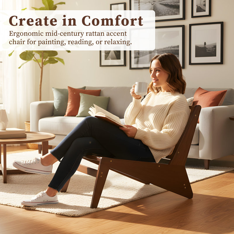 Chaise d'appoint Mid-Century, Chaise longue en rotin pour le salon, Noyer