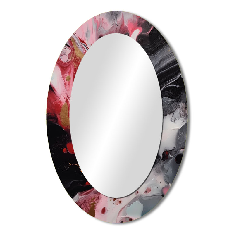 Red And Black Marble Whispers IV - Red Modern Oval Wall Mirror, 36" x 24"