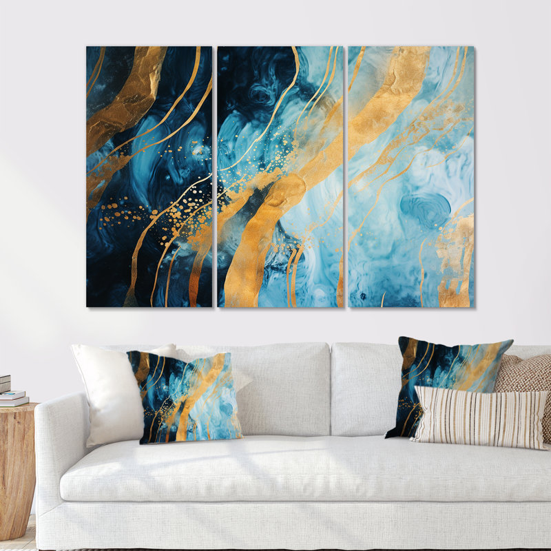 «Blue Sparkling Glam Gold Streams - Abstract Modern Waves», ensemble de reproduction d'art mural, Toile tendue