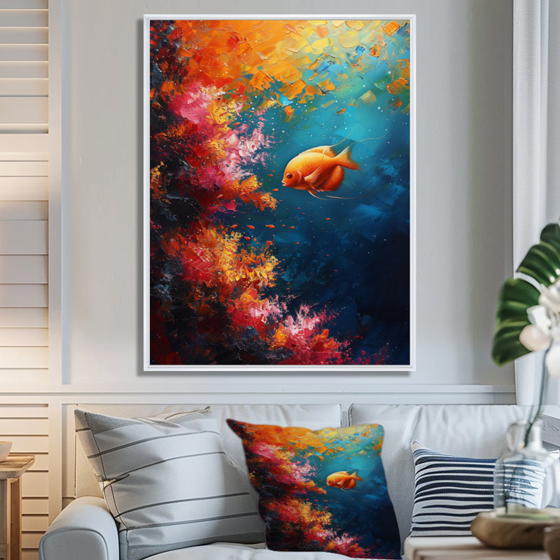 «Blue Orange Coral Marine Fish Life I» - décoration murale art corail, Cadre photo noir, H 24 po x l 32 po