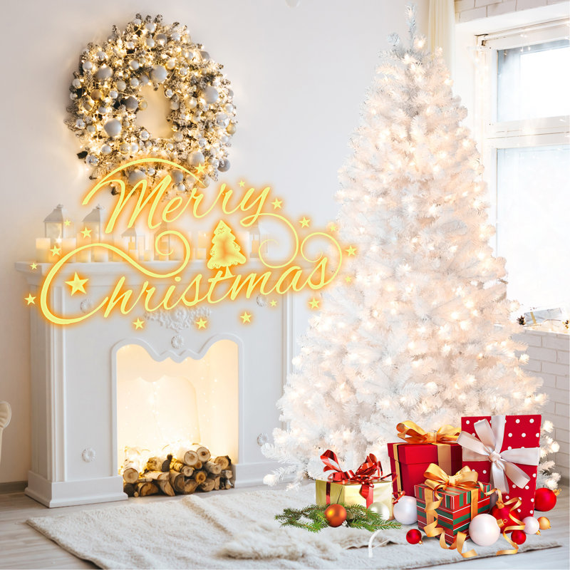 Arbre de Noël blanc 9 pi pré-éclairé avec fil mémoire - 650 lumières incandescentes chaudes, extrémités de 1930, conception à dépliage automatique, support en métal stable, arbre de Noël artificiel en PVC