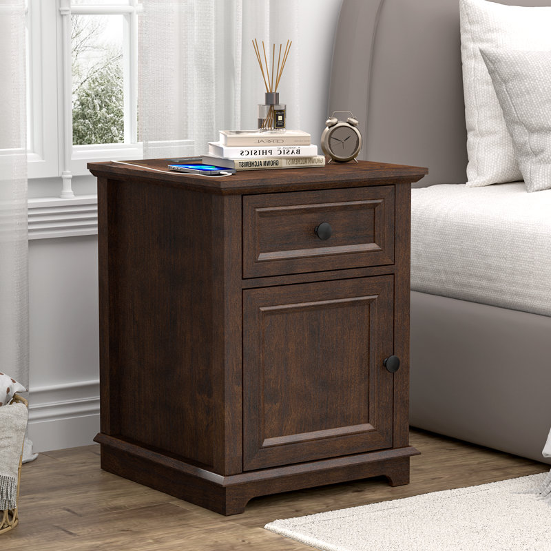 Azella 1-Drawer Frame End Table Set with Storage and Built-In Outlets, Cherry