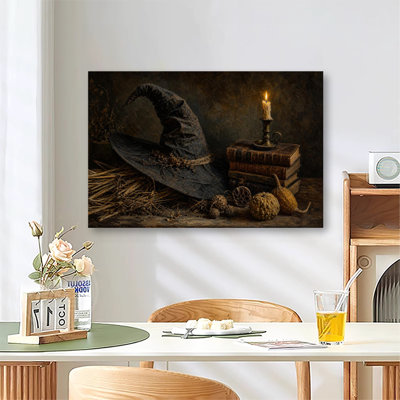 Vintage Witch Hat Stacked With Old Spell Books And Glowing Candle, Rustic Halloween Still Life Oil Painting Canvas Wall Art