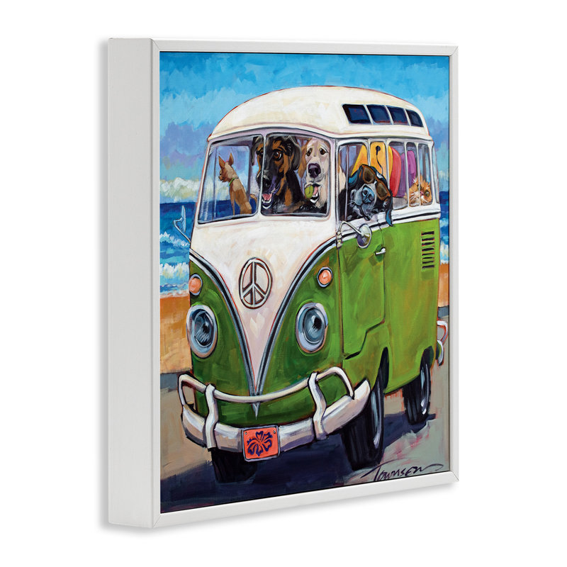 Dogs Driving Retro Van Summer Beach Trip, 24" H x 24" W, Coastal White Framed Giclee