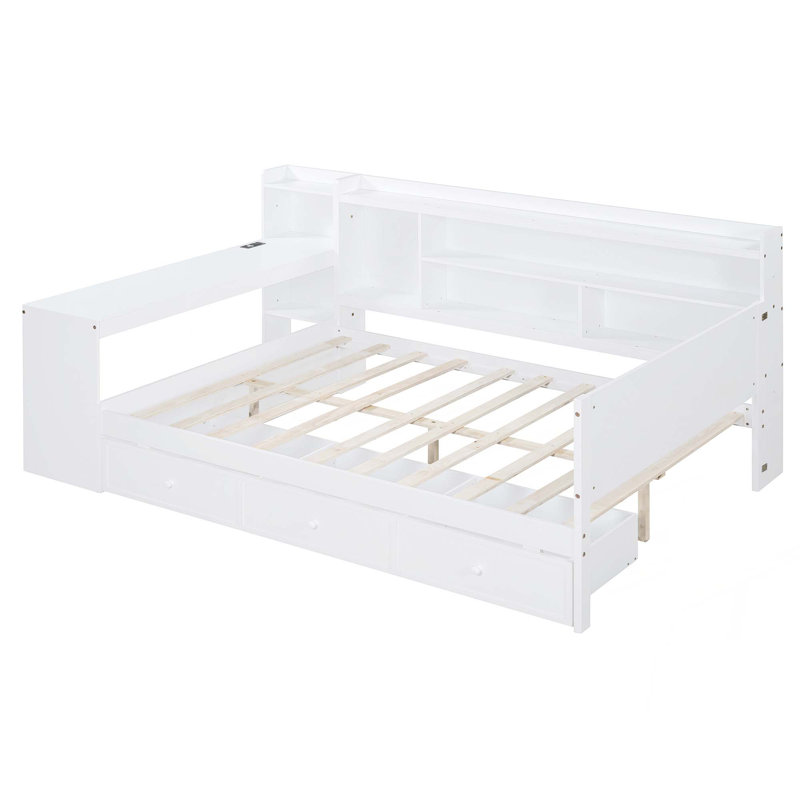 Wooden Daybed with 3 Drawers,USB Ports and desk, Full/Double, White