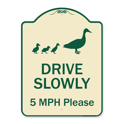 Enseigne architecturale en aluminium de gros calibre 18 po x 24 po signée Signmission Designer Series - Drive Slowly 5 Mph s'il vous plaît avec un canard et des canetons qui marchent
