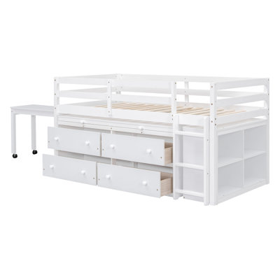 Loft Bed with Retractable Writing Desk and 4 Drawers, Wooden Loft Bed with Lateral Portable Desk and Shelves