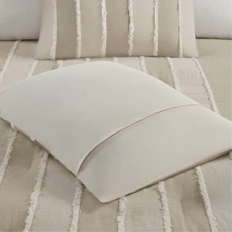 Ensemble d'édredon en coton 3 pièces taupe, Édredon double + 2 taies décoratives, Rayure taupe