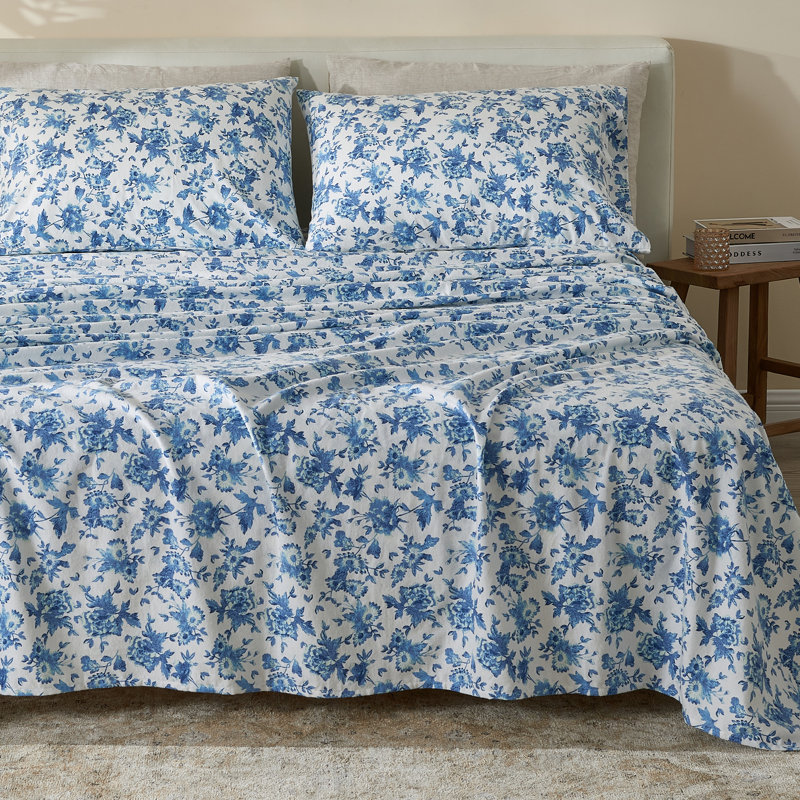 100% Cotton Vintage Floral Printed Flannel Sheet Set, Full Sheet Set + 1 Fitted Sheet + 2 Pillowcases, Floral - Blue