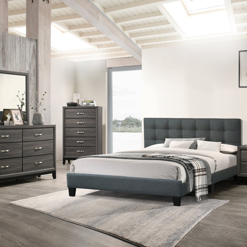 Modern 1Pc Bed Polyfiber Tufted Headboard Platform Bedframe Bedroom Furniture, Queen