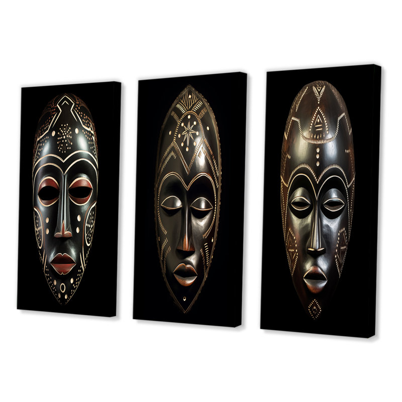 «Ethnical Traditional African Mask II», 3 pièces sur toile, Toile tendue, H 20 po x l 36 po