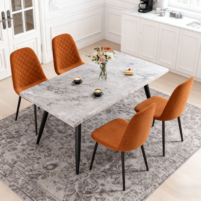150cm Marble Effect Dining Table Set With 4 Quilted Velvet Chairs, Orange