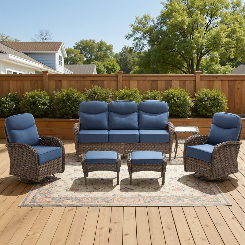 7 - Person Outdoor Wicker Furniture Conversation Patio Set With Plush 6" Cushions, All-Weather Comfort, Blue