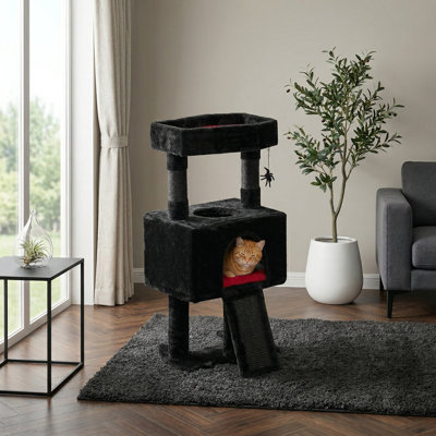 33.6in Gothic Cat Tree Tower for Indoor Cats, Coffin Bed, Cat Condo, Scratching Posts, Cat Shelves, Spider Toy, Pet Play Activity Center, Black with Red