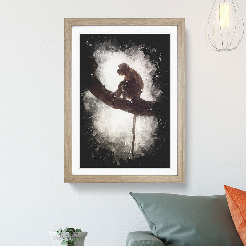 Long-Tailed Macaque Monkey Paint Splash - Picture Frame Graphic Art, 45cm H x 33cm W x 2cm D, Oak Framed