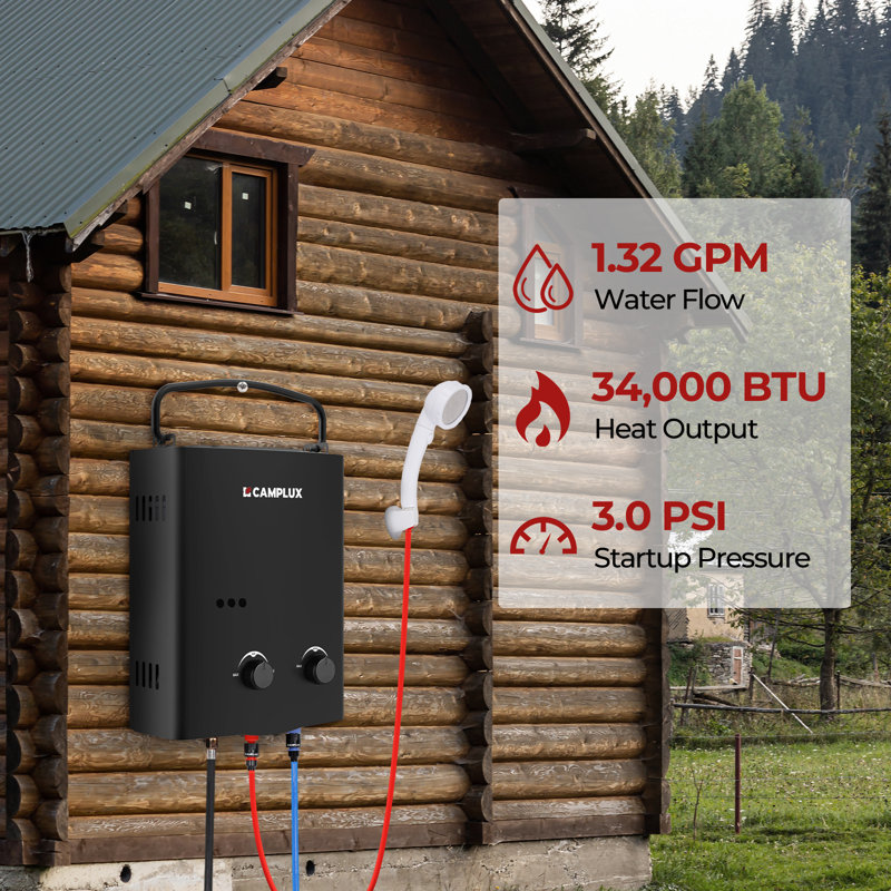 CAMPLUX 1.32 GPM 34,000 BTU Outdoor Portable Propane Tankless Water Heater with 1.2 GPM Water Pump Kit, Black