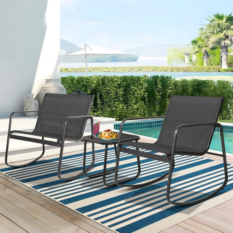 Tandeka 2 - Person Outdoor Seating Group with Rocking Chairs and Glass Coffee Table, Black
