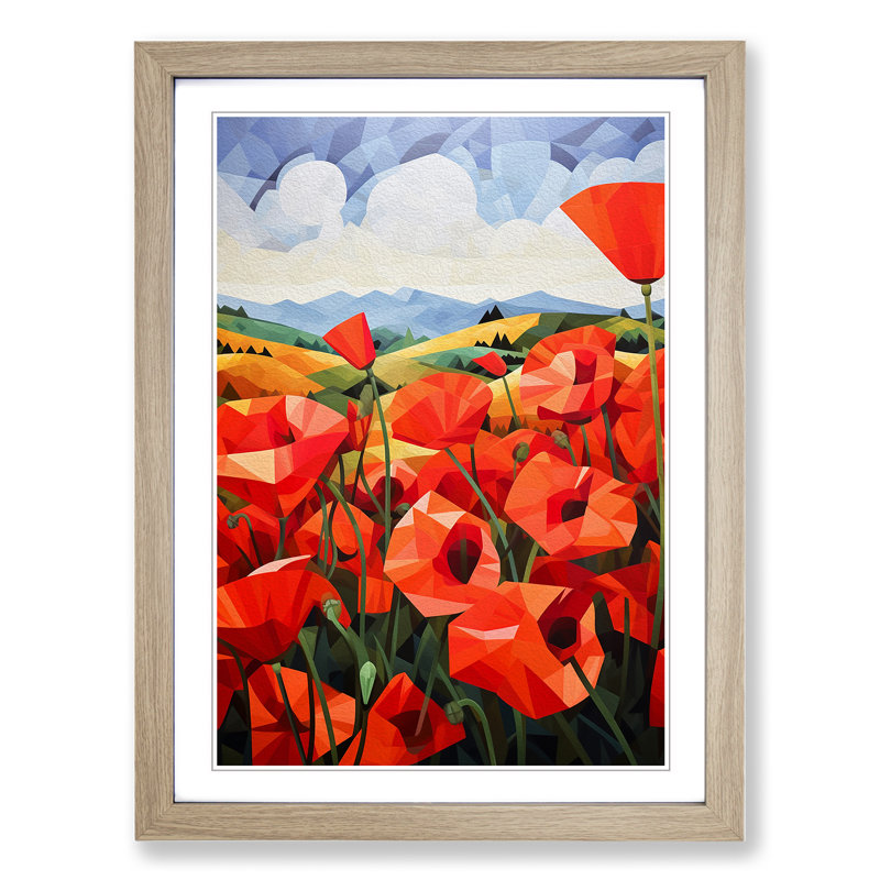 Poppy Field Constructivism - Single Picture Frame Print on Wood, Oak Framed, 46cm H x 34cm W x 2cm D
