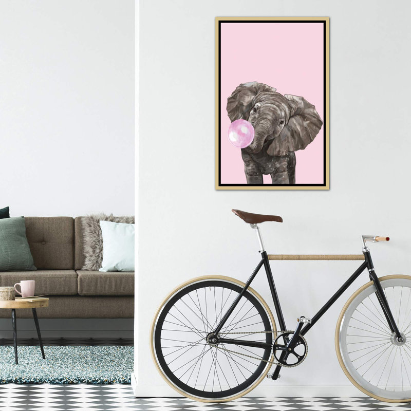 Art d’éléphant de gomme à bulles, H 60 po x l 40po x P 1,5 po, Toile encadrée d'or