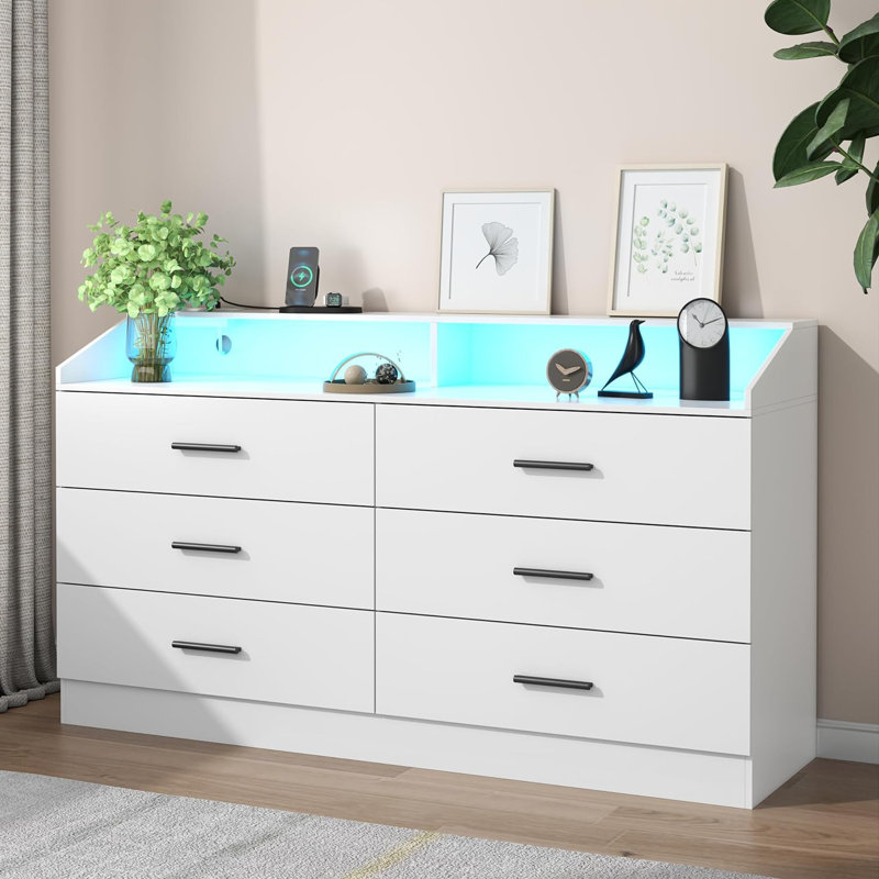 Vikky 6 Drawers Dresser with Power Outlet, Chest of Drawers with LED Light, Modern Dresser Organizer, White