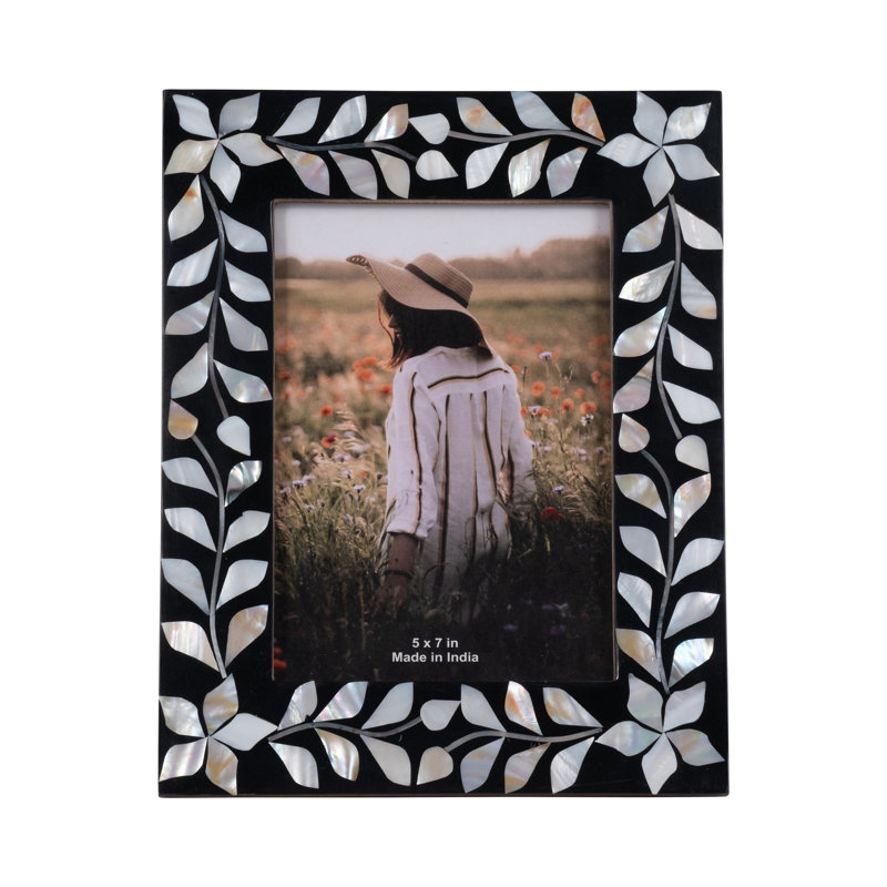 Shell Resin Wood Mother of Pearl Boho Picture Frame with Handcrafted Inlay Design and Nature Inspired Motif for Rustic and Eclectic Decor Styles