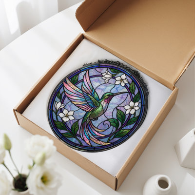 7.8"H Hummingbird Floral Stained Glass Window Panel
