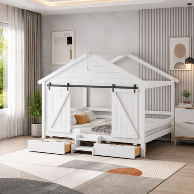Full Size Farmhouse House Bed Frame with Sliding Barn Door, Built-In Light, Staircase, Storage Drawers, Wood Kids Platform Bed
