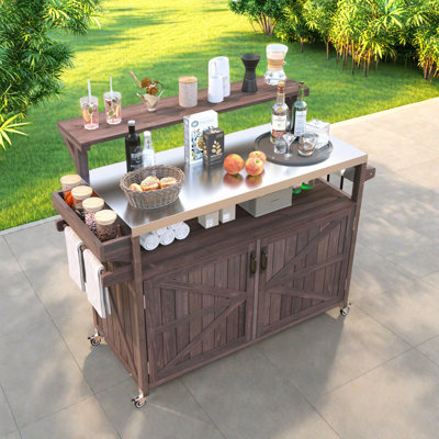 Outdoor Kitchen Island With Raised Shelf, Stainless Steel Top, Internal Storage Racks, Adjustable Shelves And Spice Rack by Gracie Oaks