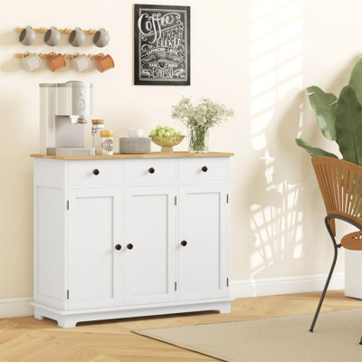 Buffet avec comptoir en bois massif HOMcom, armoire de rangement de cuisine moderne, armoire à café avec 3 tiroirs, portes et tablette réglable, blanc vieilli
