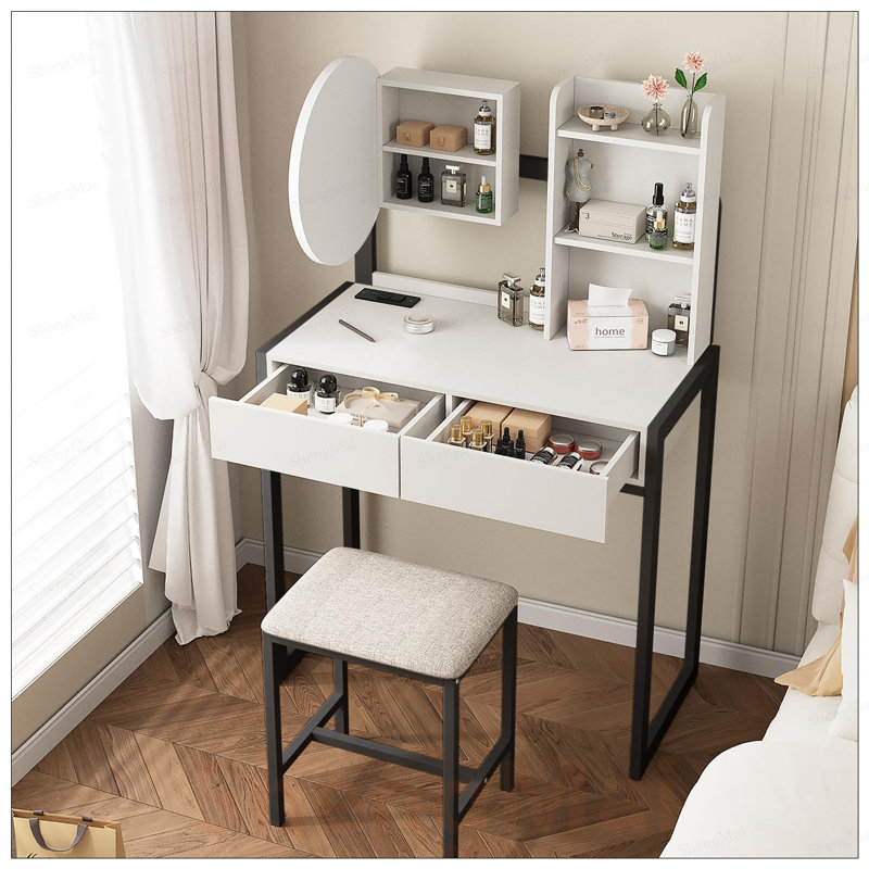 Compact Vanity Desk with LED Mirror, 3 Lighting Modes, Power Outlet, Drawer, Shelves, and Cushioned Stool for Small Spaces