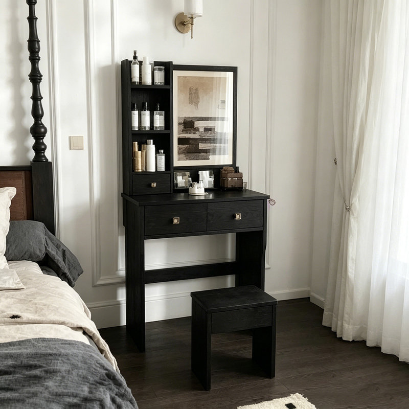  Petit meuble-lavabo moderne avec 3 modes d'éclairage DEL et luminosité réglable, 3 tiroirs et tablettes de rangement ouvertes, support pour sèche-cheveux et prise de courant avec fauteuil, noir