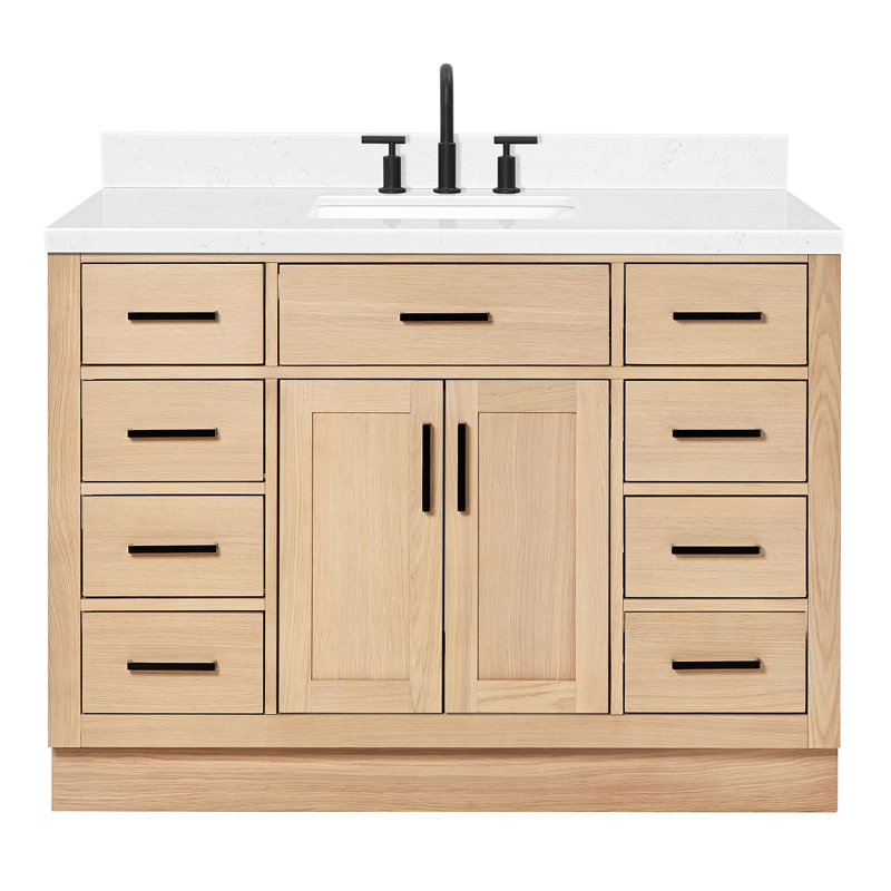 Tidworth 48'' Solid Wood Single Bathroom Vanity with 1.5'' Carrara Quartz Top Sink, Natural Oak, Rectangular