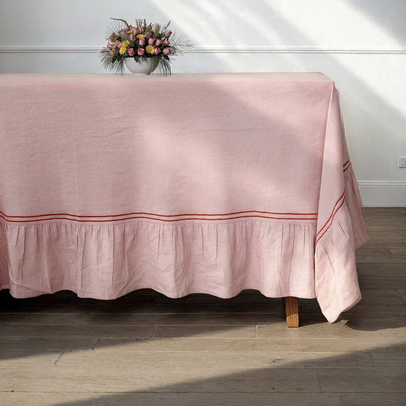 Nappe en coton et lin avec bordure brodée et bordure à volants, Bleu