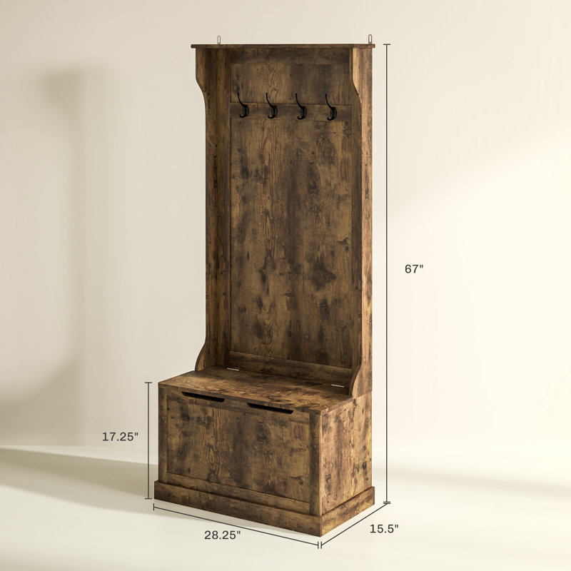 Arbre d'entrée avec portemanteau, rangement et banc assis, brun rustique