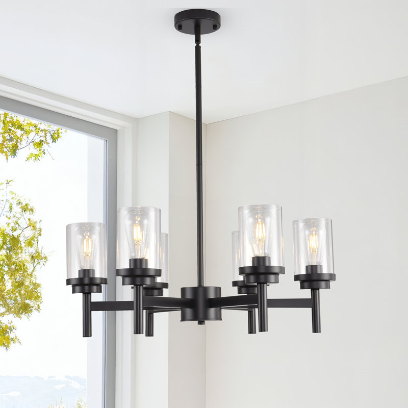 6-Light Black Modern Chandelier, Dining Room Pendant Light Fixture with Clear Glass Shades, 6 Lights, 54" H x 25" W x 25" D