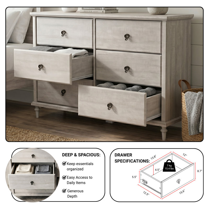 Aleana 46.2" W Solid Wood Tapered Legs 6-Drawer Double Dresser, Dusty Gray Oak
