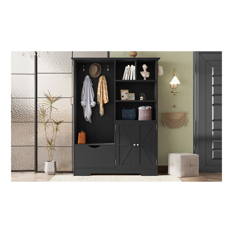 Arbre d'entrée multifonctionnel avec tablettes et tiroirs de rangement, armoire à chaussures élégante avec banc, portemanteau moderne avec crochets pour les entrées de couloir, blanc