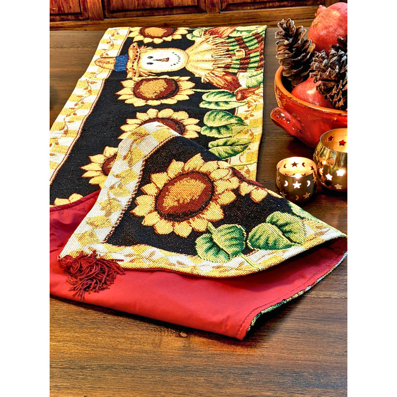 Ortega Fall Sunflower Field Scarecrow Woven Tapestry Table Runner, 90" W x 13" L