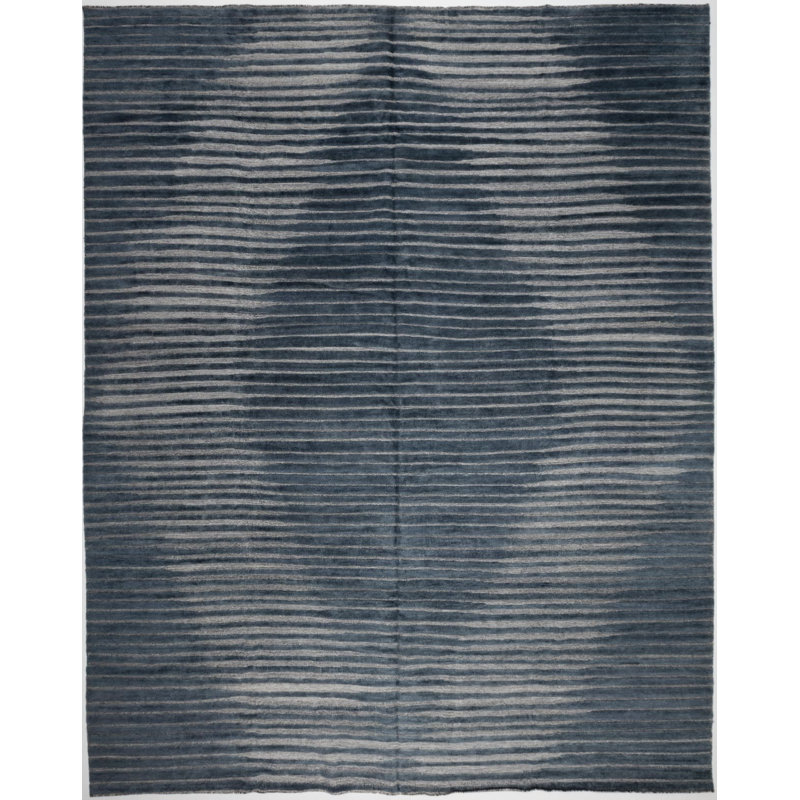 Rectangle Striped Hand-Knotted Wool Area Rug in Blue, Rectangle 12' x 15'