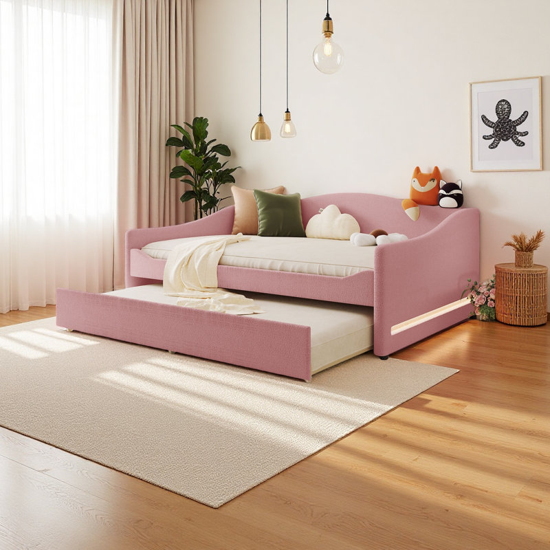 Teddy Fleece Full Size Upholstered Daybed With Light And Trundle, Pink