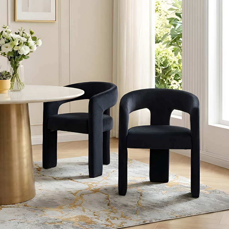 Modern Upholstered Barrel Dining Chairs, Black Velvet