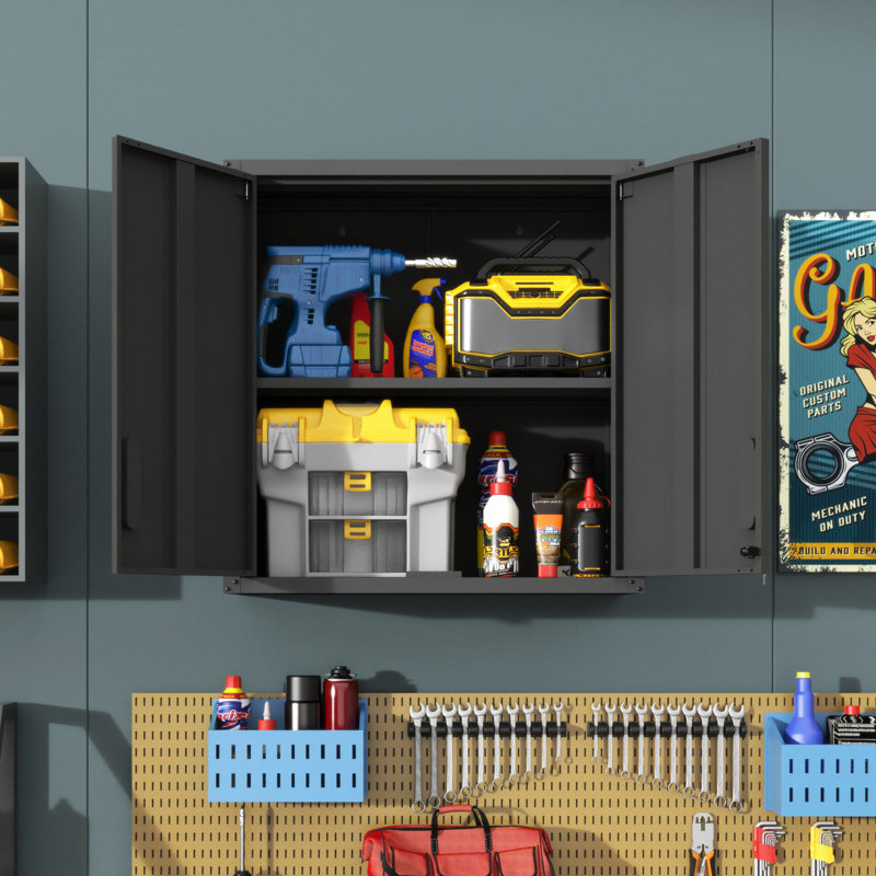 Armoire de rangement murale en métal avec 2 portes verrouillables, 1 tablette réglable et 1 tiroir ouvert pour le garage, le bureau, l'assemblage est requis